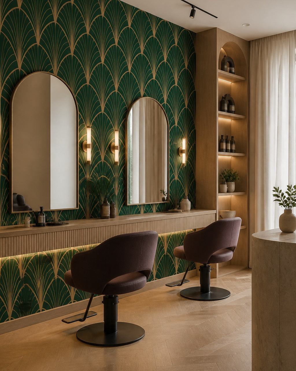 Art Deco fan wallpaper in a beauty salon.