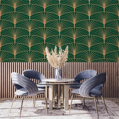 Custom Art Deco Fan Pattern Wallpaper in Green and Gold