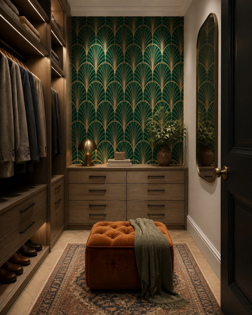 Art Deco fan wallpaper in a walk-in wardrobe.