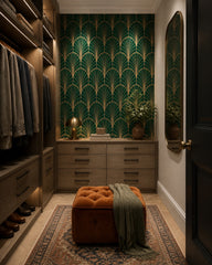 Art Deco fan wallpaper in a walk-in wardrobe.