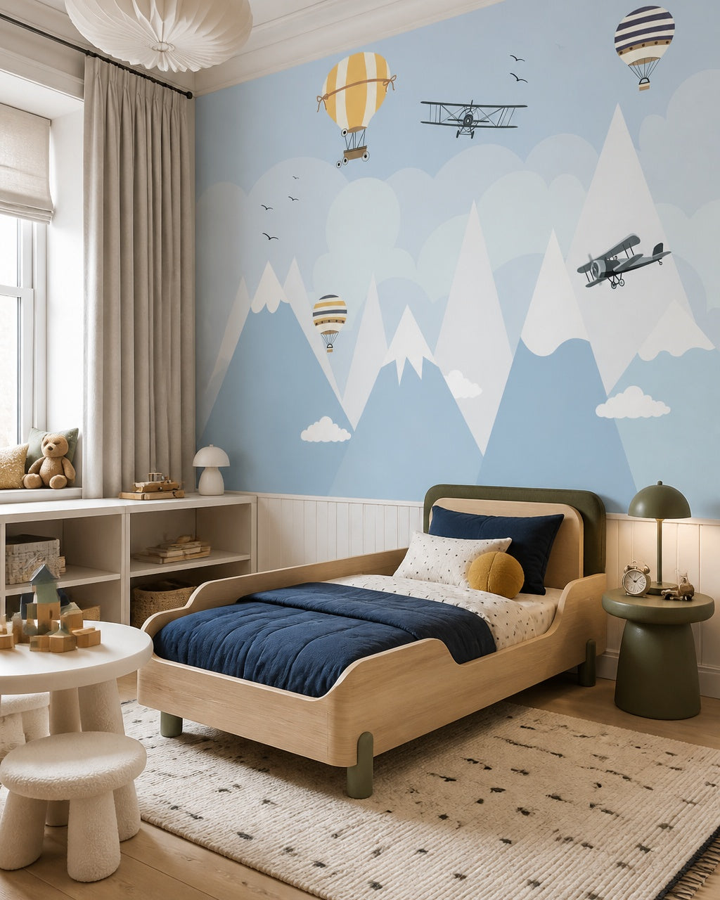 Airplanes and balloons over the mountains nursery wallpaper in a toddler bedroom with a child-sized bed.
