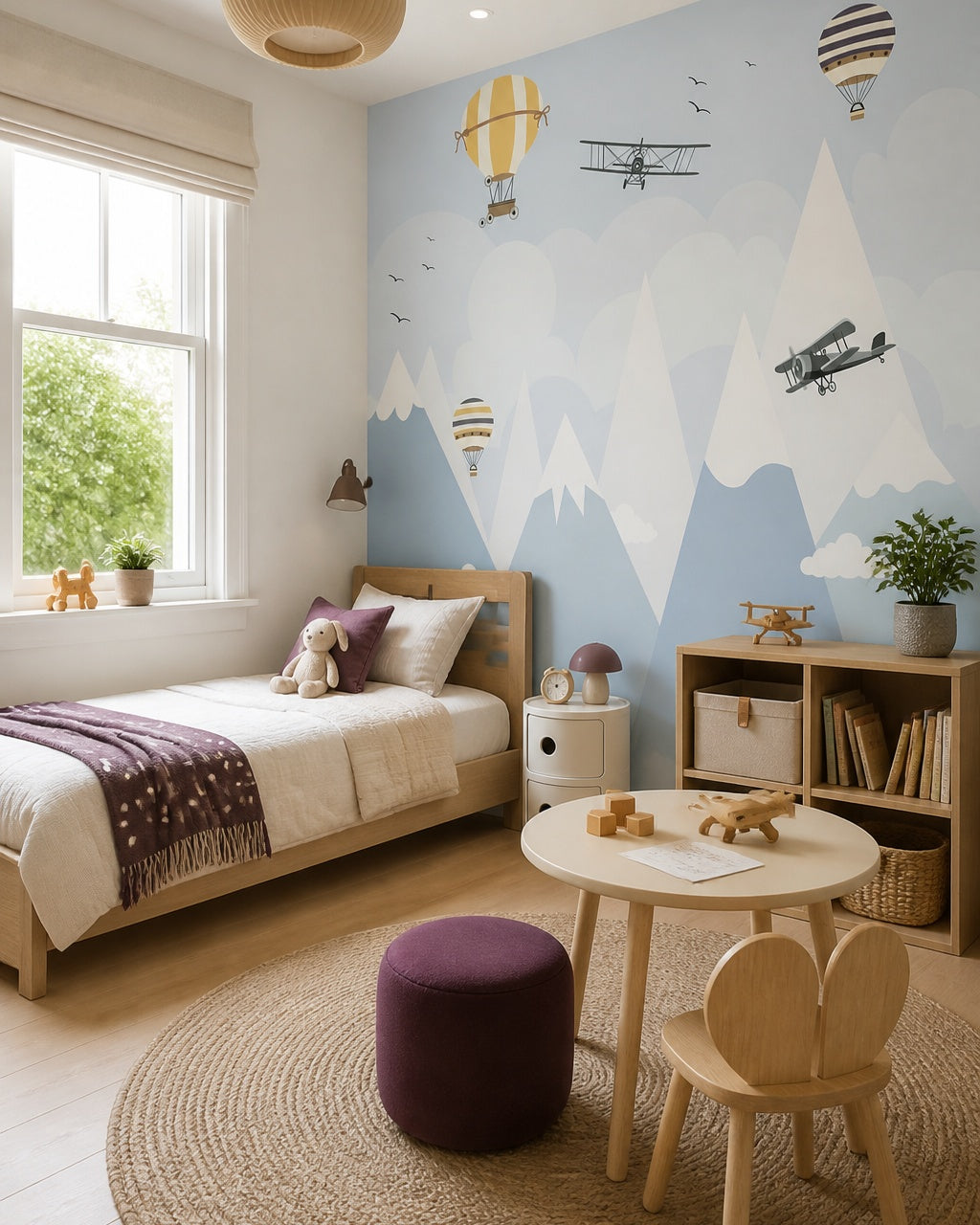 Airplanes and balloons over the mountains nursery wallpaper in a boy’s bedroom.