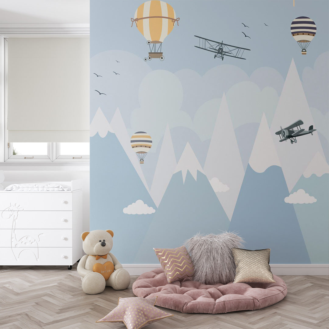 Kids Wall Murals Blue Mountains Airplane Balloon Wallpaper for Kids