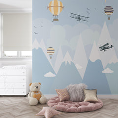 Custom Kids Wall Murals Blue Mountains Airplane Balloon Wallpaper for Kids