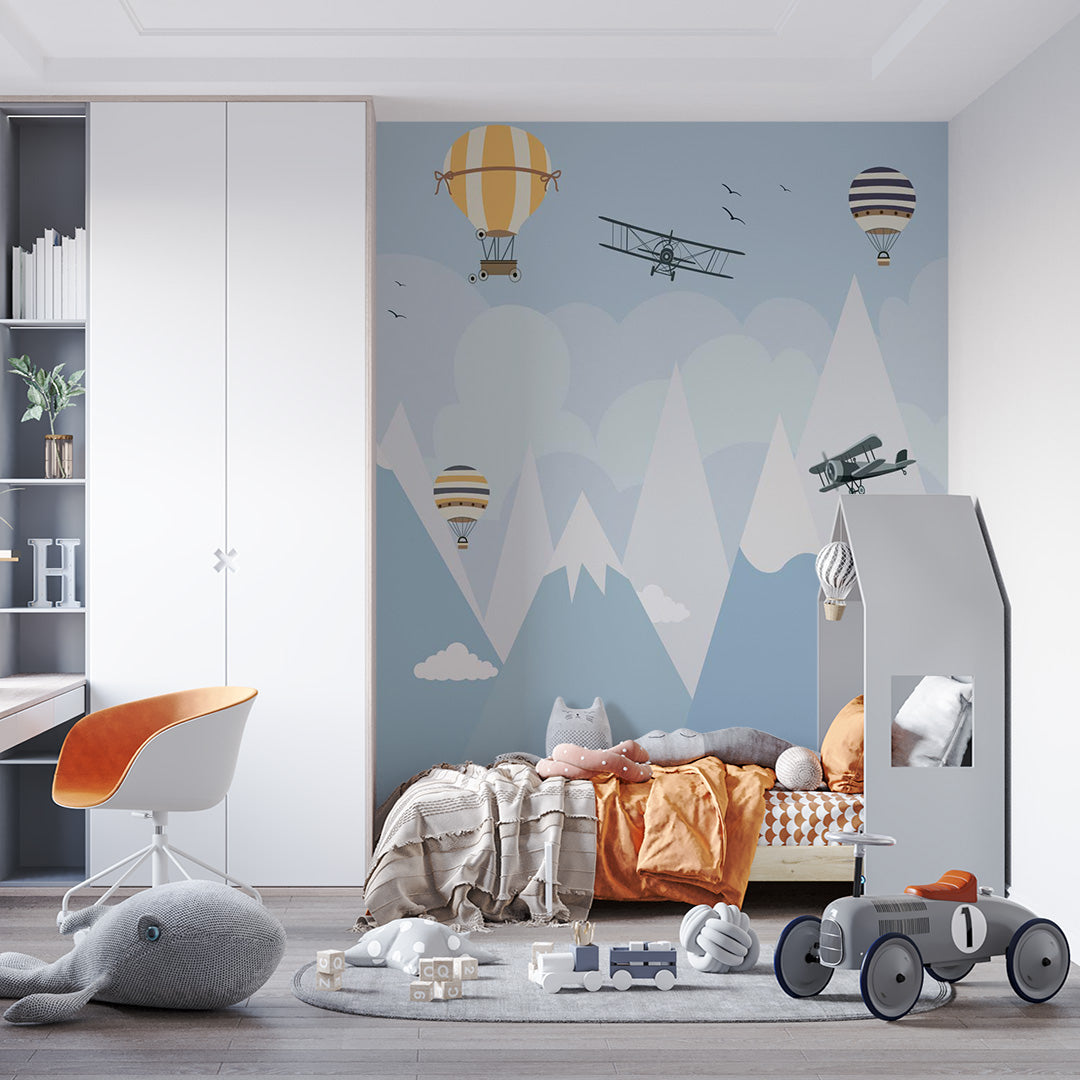 Kids Wall Murals Blue Mountains Airplane Balloon Wallpaper for Kids