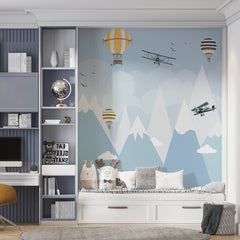 Custom Kids Wall Murals Blue Mountains Airplane Balloon Wallpaper for Kids
