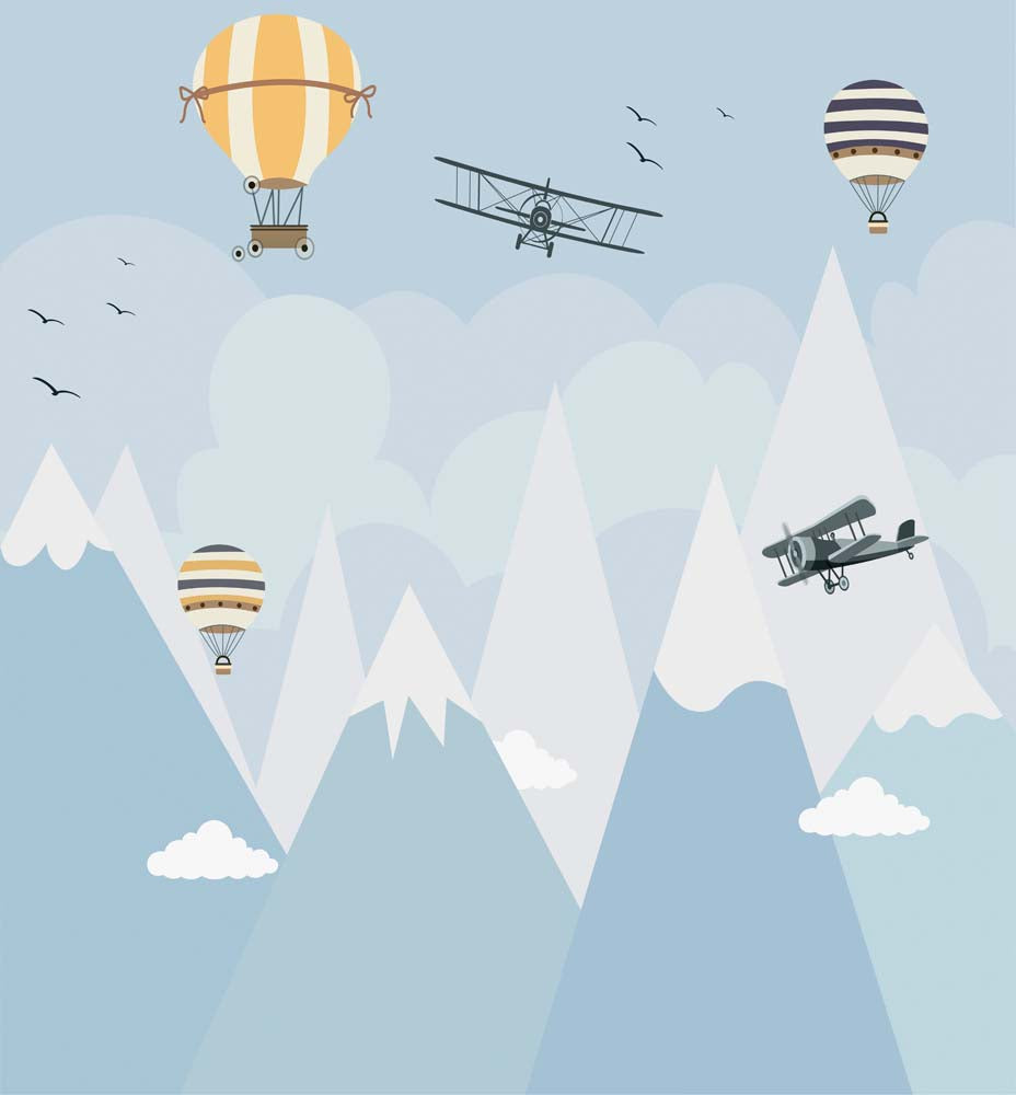 Vliegtuigen en luchtballonnen boven de bergen – behang