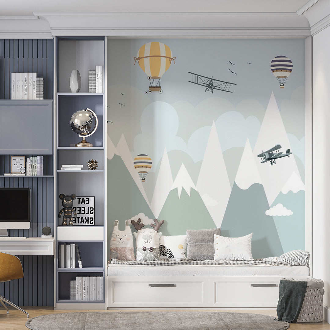 Kids Wall Murals Light Blue Mountains Airplane Balloon Wallpaper for Kids