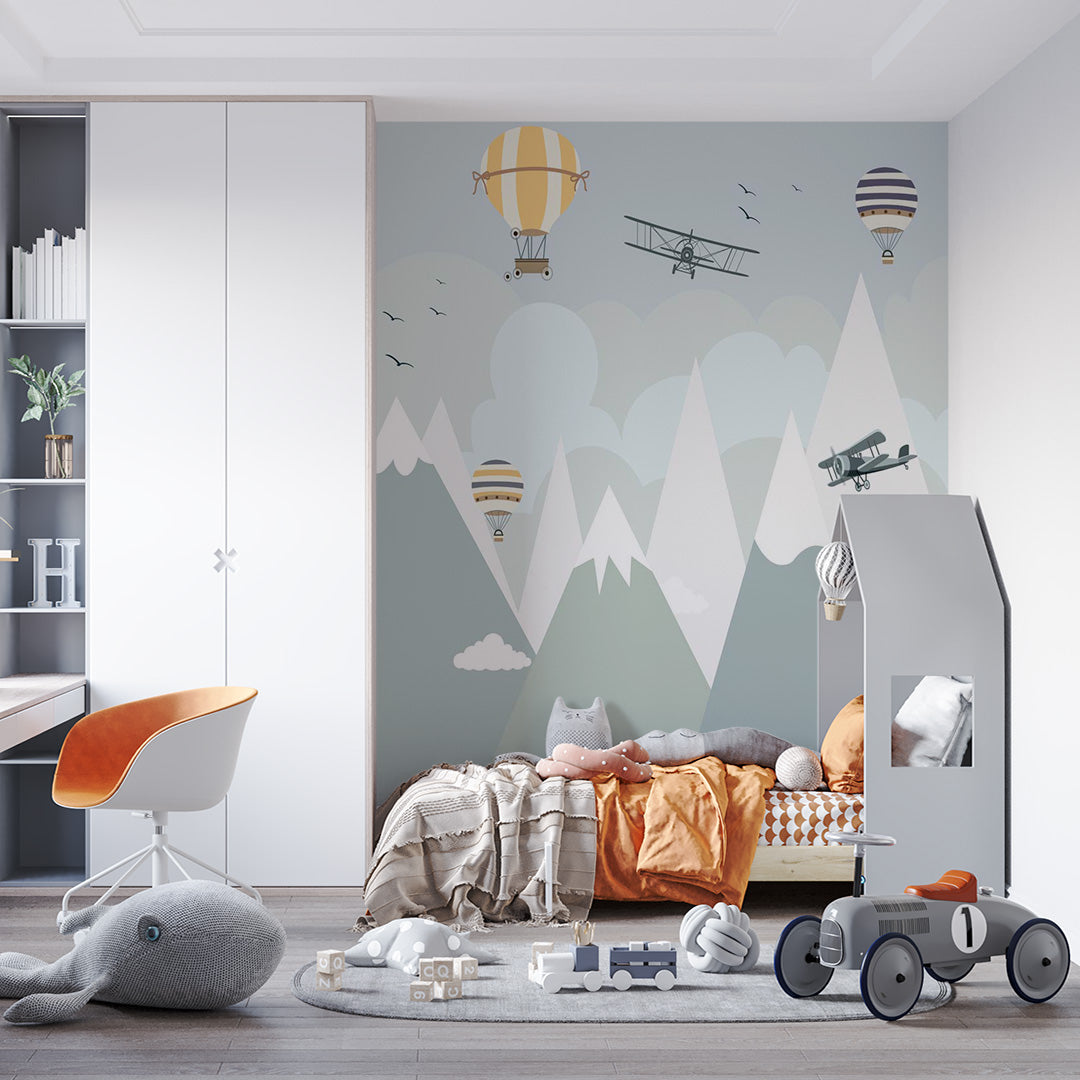 Kids Wall Murals Light Blue Mountains Airplane Balloon Wallpaper for Kids