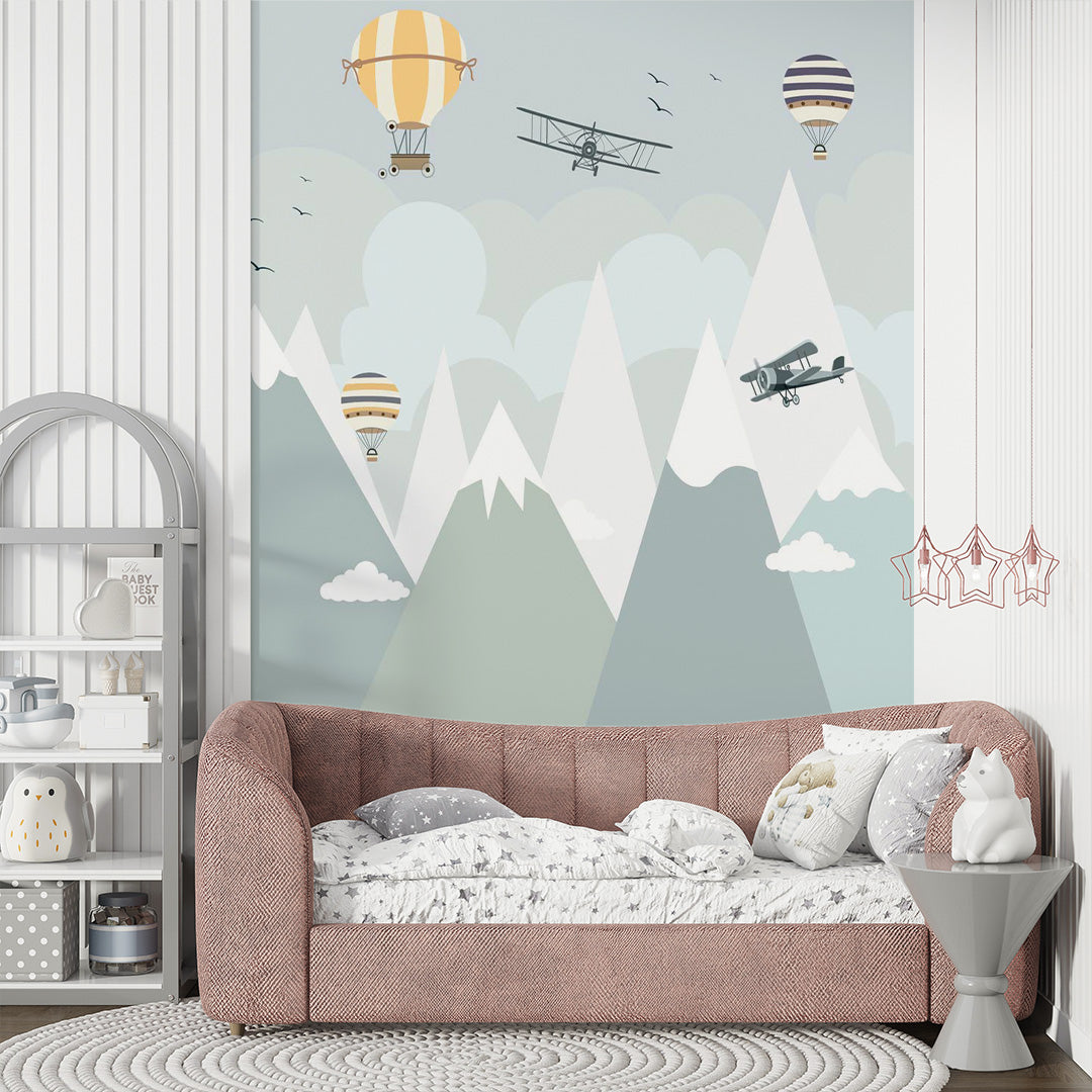 Niestandardowe fototapety dla dzieci jasnoniebieskie góry samolot balon tapeta dla dzieci