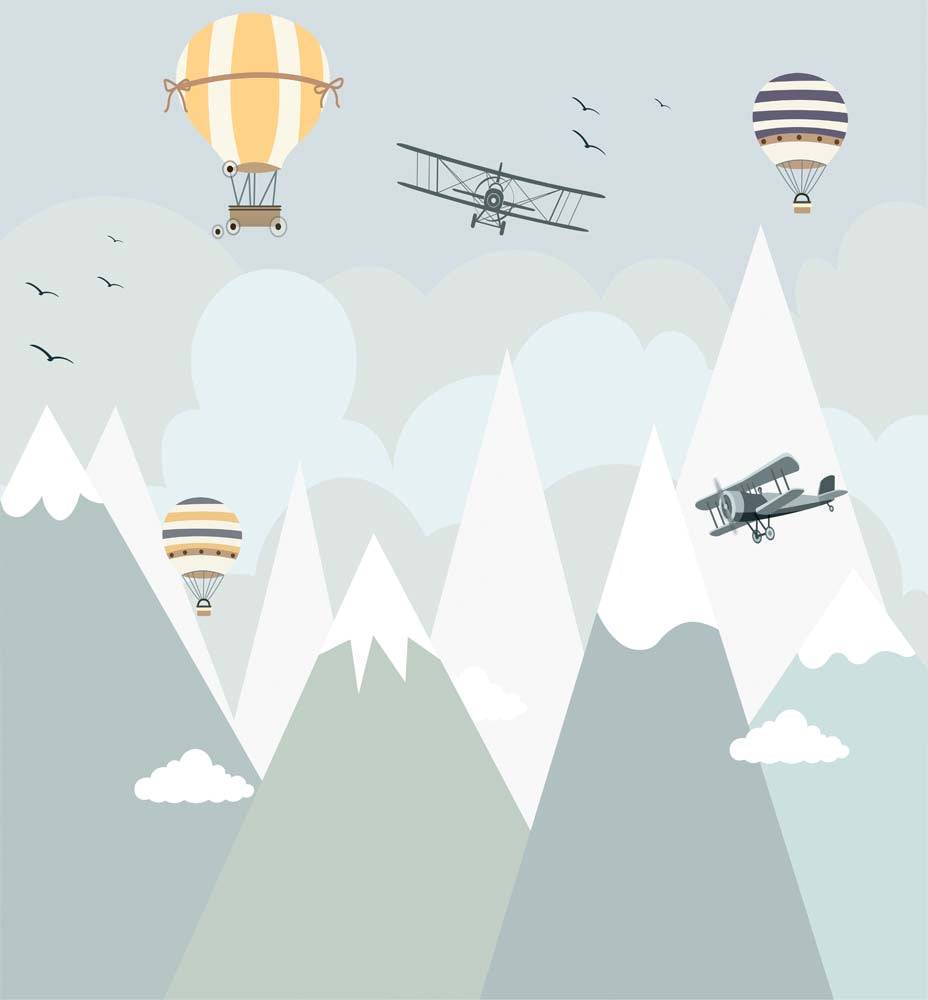 Airplanes and Balloons Over the Mountains Nursery Wallpaper