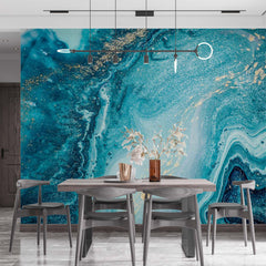 Custom Blue Ocean Wall Mural Aqva Art Glittered Abstract Liquid Ink Wallpaper