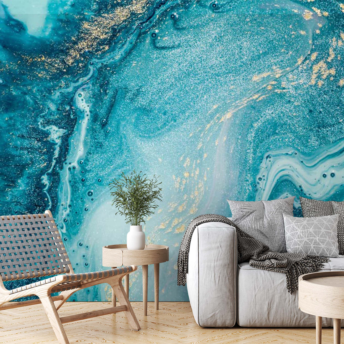 Custom Blue Ocean Wall Mural Aqva Art Glittered Abstract Liquid Ink Wallpaper