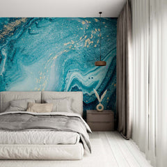 Custom Blue Ocean Wall Mural Aqva Art Glittered Abstract Liquid Ink Wallpaper