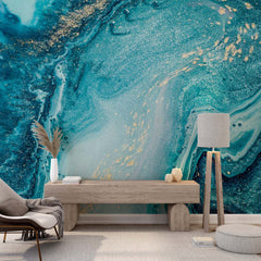 Custom Blue Ocean Wall Mural Aqva Art Glittered Abstract Liquid Ink Wallpaper