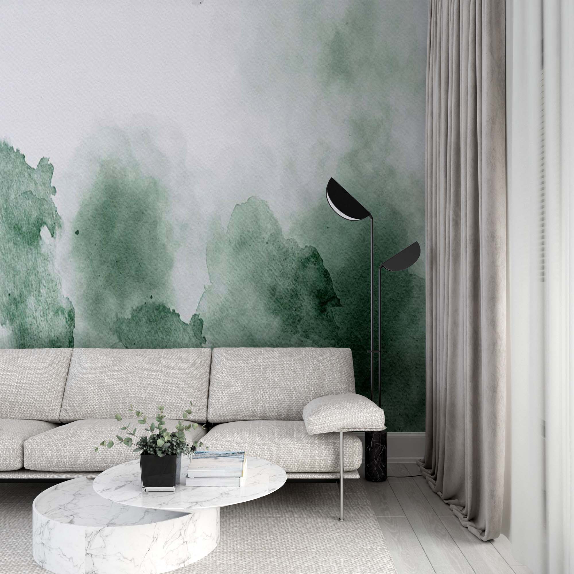 Art Wall Mural Abstract Watercolor Splashed Green Ink Wallpaper