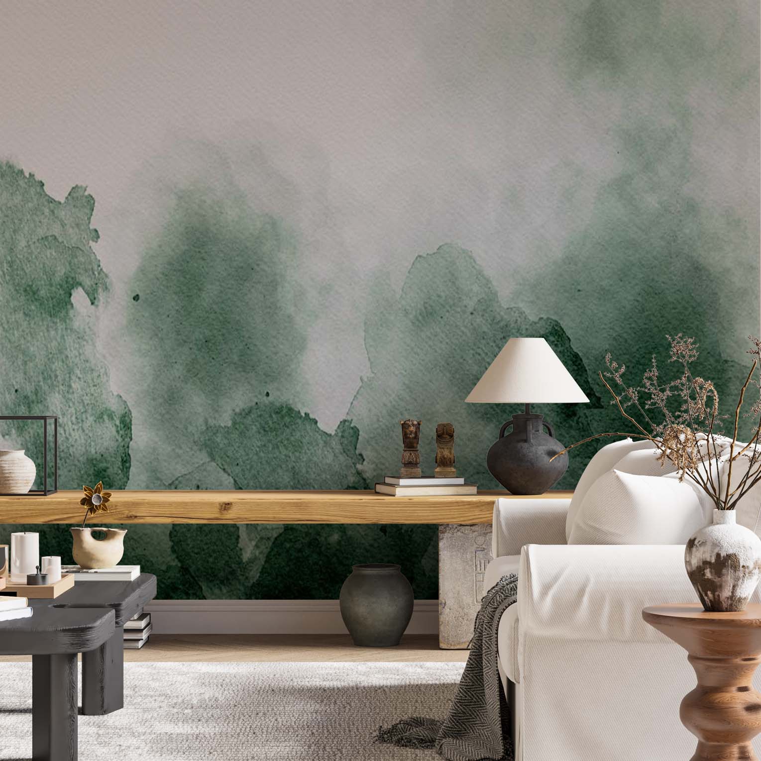 Art Wall Mural Abstract Watercolor Splashed Green Ink Wallpaper