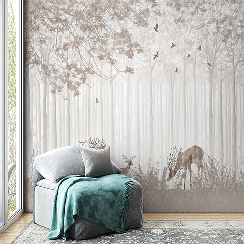 Serene Forest Silhouette with Deer and Birds Wall Mural Wallpaper