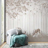 Serene Forest Silhouette with Deer and Birds Wall Mural Wallpaper