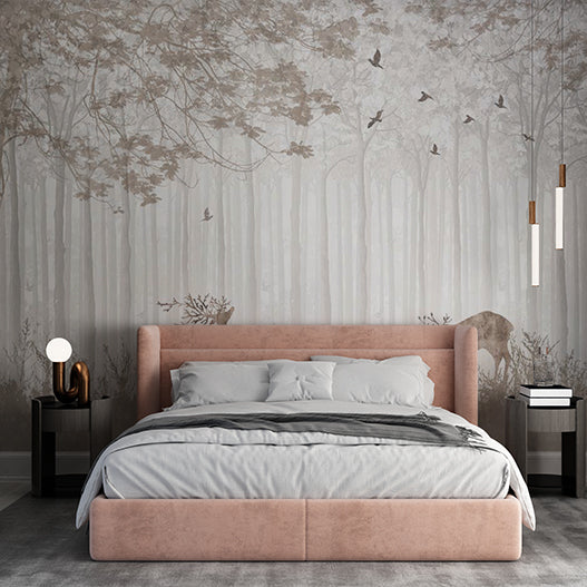 Serene Forest Silhouette with Deer and Birds Wall Mural Wallpaper