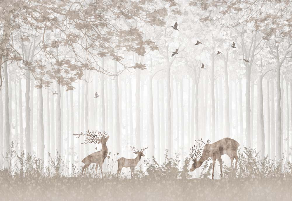 Papier peint forêt aux cerfs – Papier peint panoramique silhouettes de sous-bois beiges et oiseaux