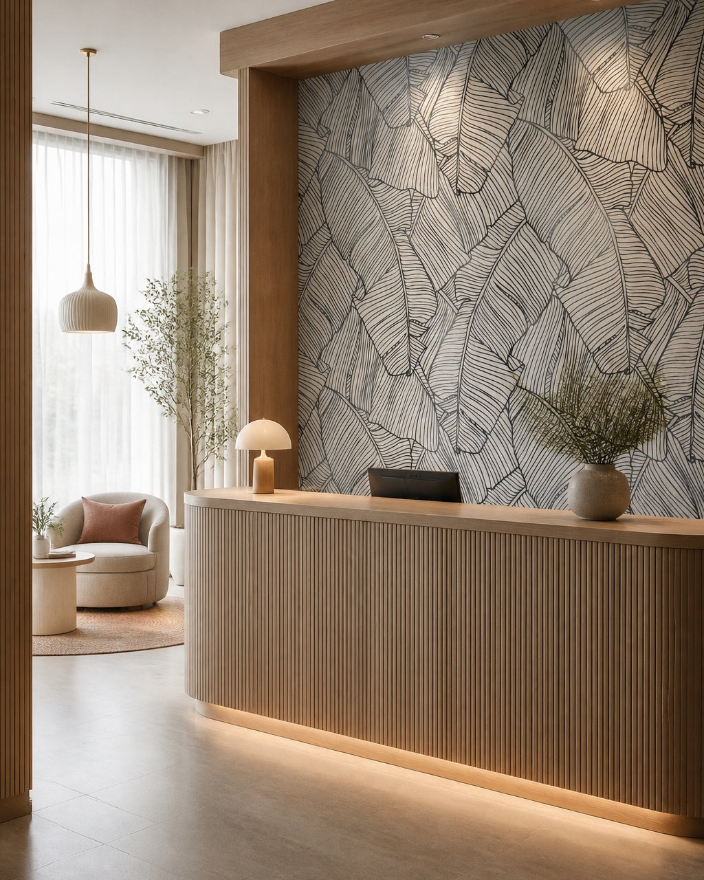 Black and white banana leaves wallpaper at a hotel reception desk.
