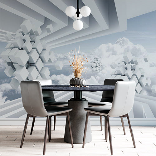 Futuristic Geometric Cubes and Clouds Wall Mural Wallpaper