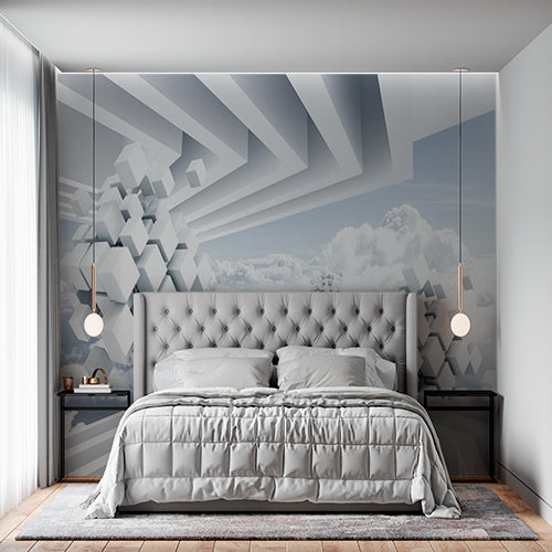 Futuristic Geometric Cubes and Clouds Wall Mural Wallpaper