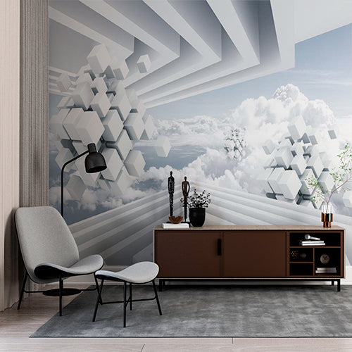 Custom Futuristic Geometric Cubes and Clouds Wall Mural Wallpaper