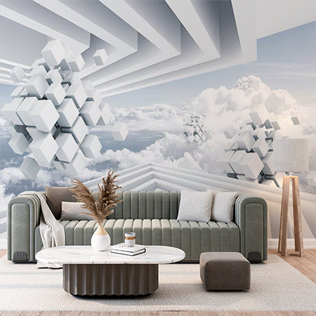 Futuristic Geometric Cubes and Clouds Wall Mural Wallpaper