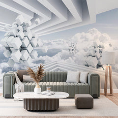 Custom Futuristic Geometric Cubes and Clouds Wall Mural Wallpaper