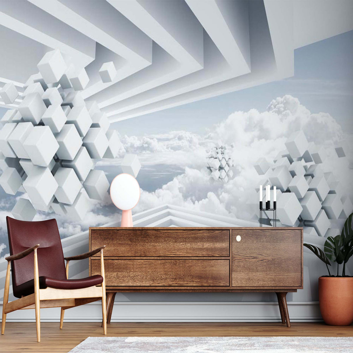 Abstract Wall Mural Cube Clouds Geometric Wallpaper