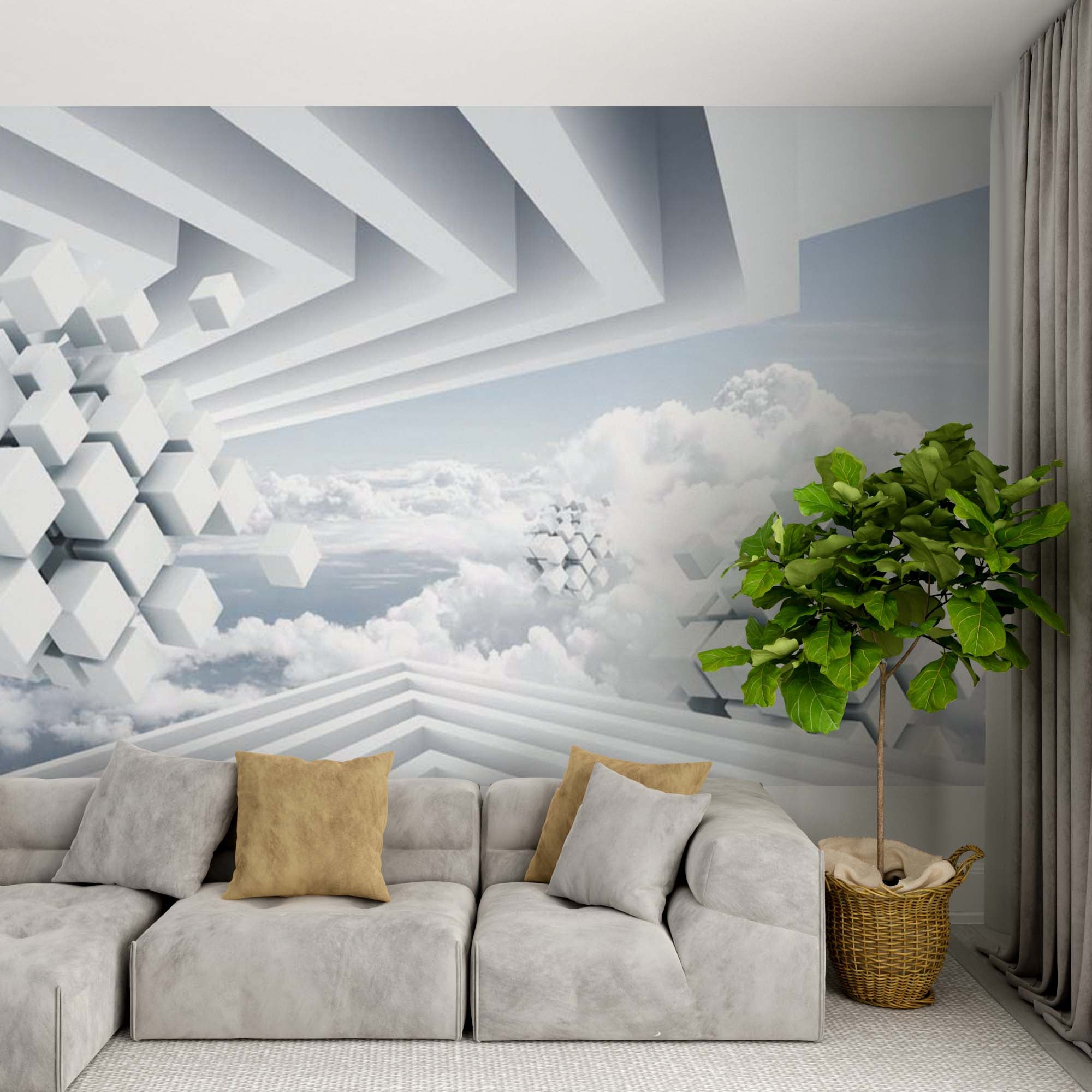 Abstract Wall Mural Cube Clouds Geometric Wallpaper