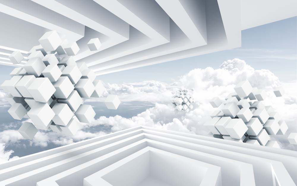 Futuristic Geometric Cubes and Clouds Wall Mural Wallpaper