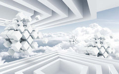 Custom Futuristic Geometric Cubes and Clouds Wall Mural Wallpaper