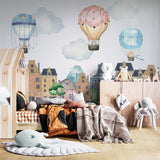 Kids Wall Mural Old City Center Buildings and Hot Air Balloons Wallpaper for Kids