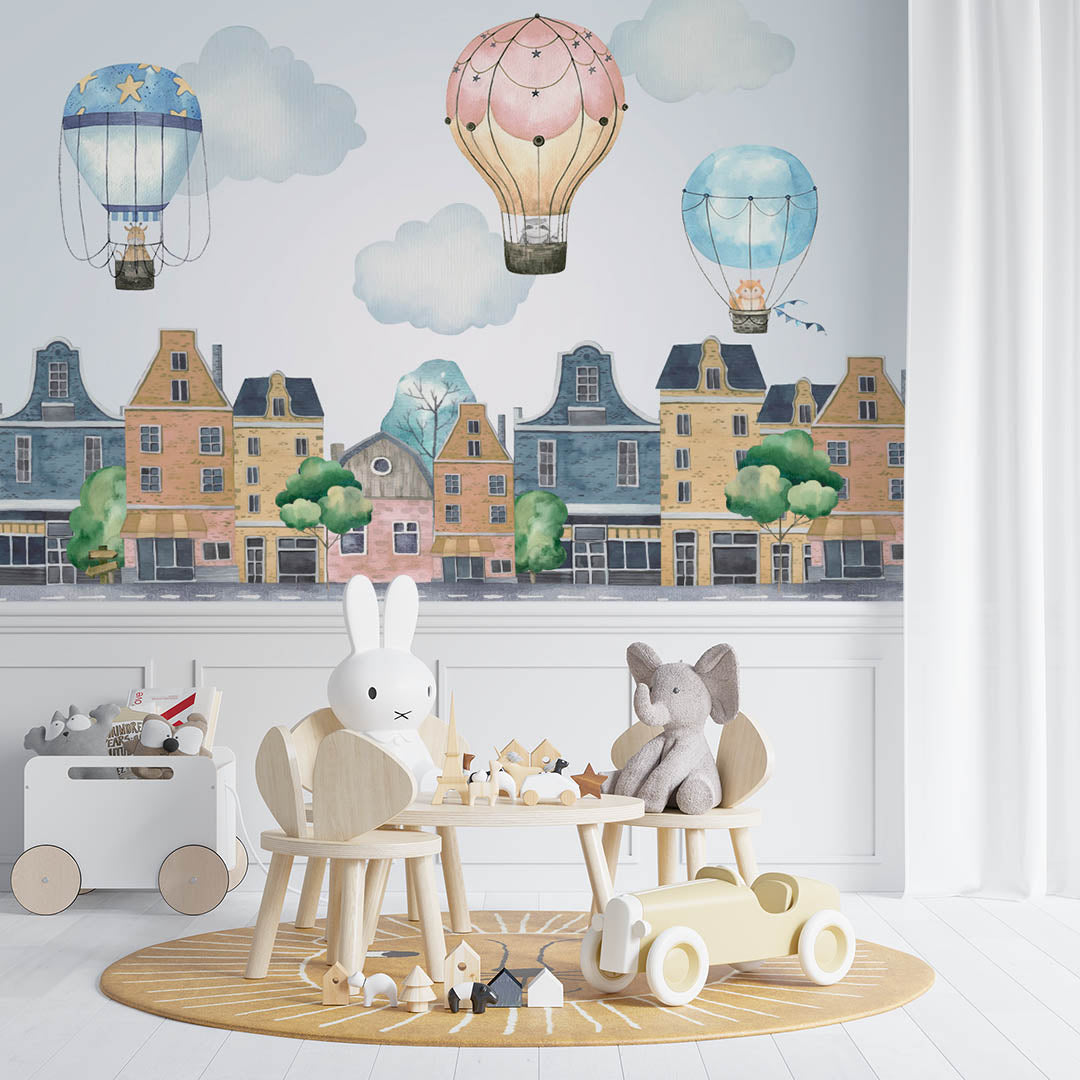 Kids Wall Mural Old City Center Buildings and Hot Air Balloons Wallpaper for Kids