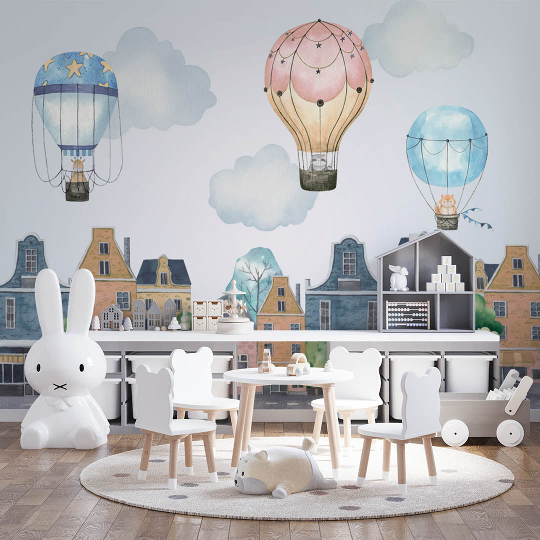 Kids Wall Mural Old City Center Buildings and Hot Air Balloons Wallpaper for Kids