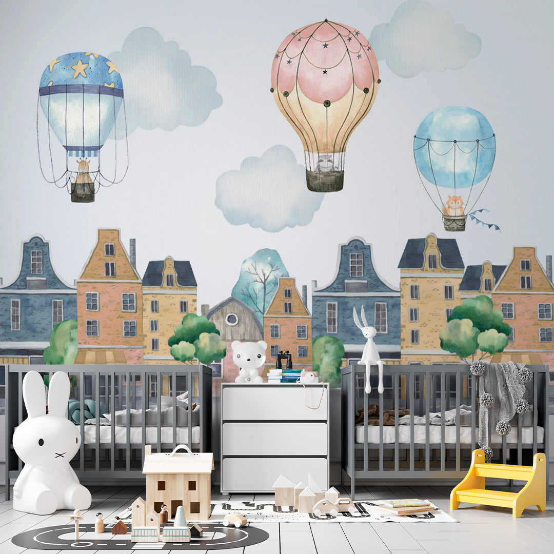 Kids Wall Mural Old City Center Buildings and Hot Air Balloons Wallpaper for Kids