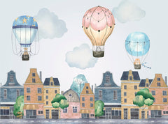 Custom Kids Wall Mural Old City Center Buildings and Hot Air Balloons Wallpaper for Kids