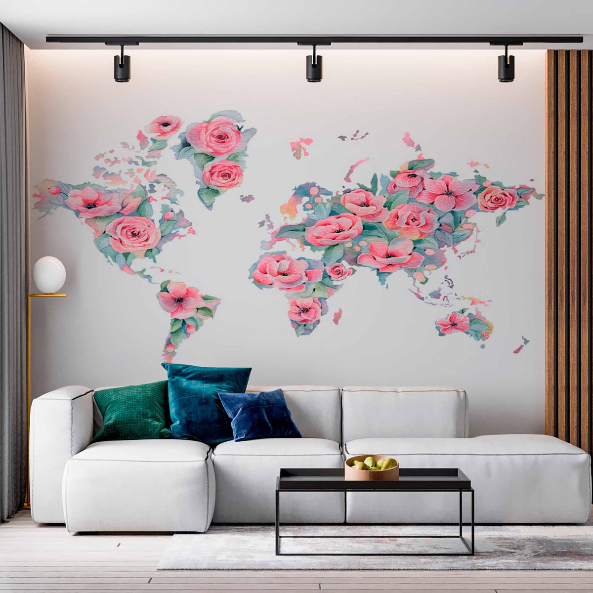 Floral World Map Wall Mural Wallpaper with Pastel Pink Roses and Watercolor Design