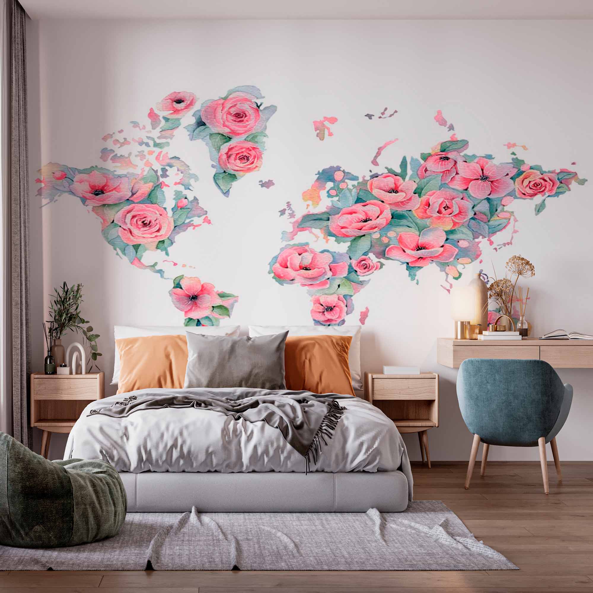 Floral World Map Wall Mural Wallpaper with Pastel Pink Roses and Watercolor Design