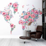 Floral World Map Wall Mural Wallpaper with Pastel Pink Roses and Watercolor Design