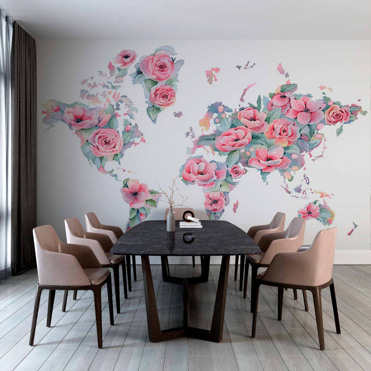 Custom Floral World Map Wall Mural Wallpaper with Pastel Pink Roses and Watercolor Design