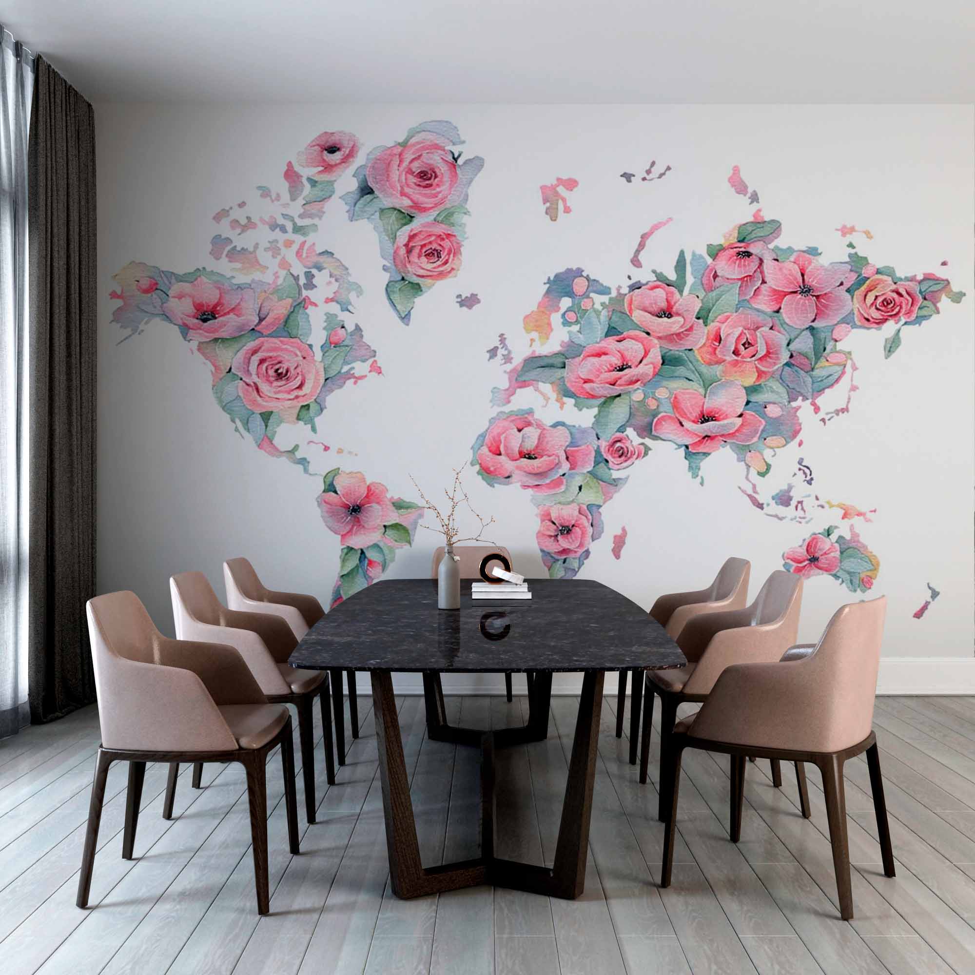 Floral World Map Wall Mural Wallpaper with Pastel Pink Roses and Watercolor Design