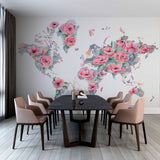 Floral World Map Wall Mural Wallpaper with Pastel Pink Roses and Watercolor Design