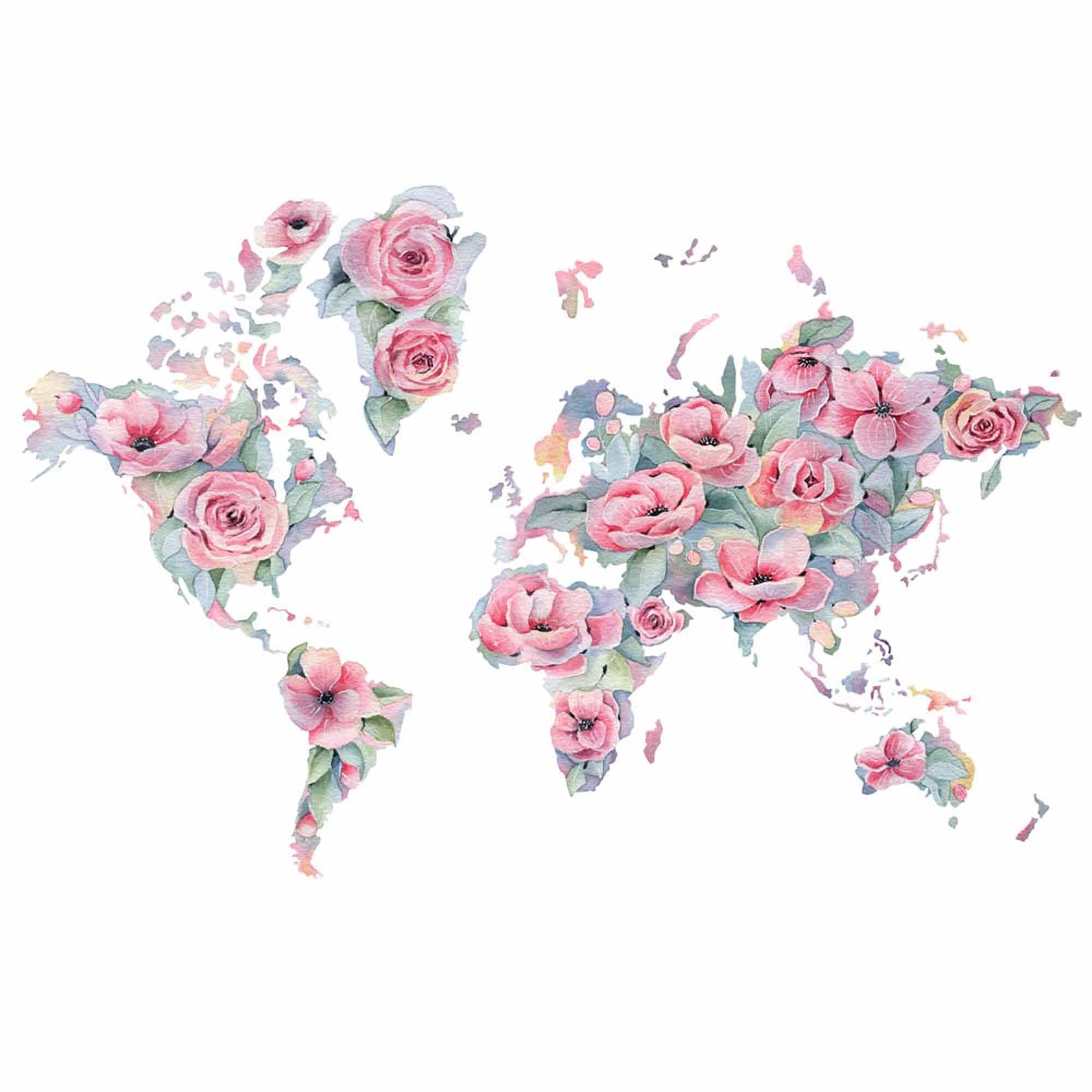 Floral World Map Wall Mural Wallpaper with Pastel Pink Roses and Watercolor Design