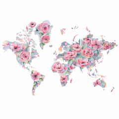 Custom Floral World Map Wall Mural Wallpaper with Pastel Pink Roses and Watercolor Design