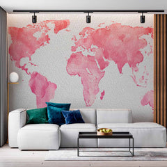 Custom Pink Watercolor World Map Wall Mural Wallpaper with Textured Background