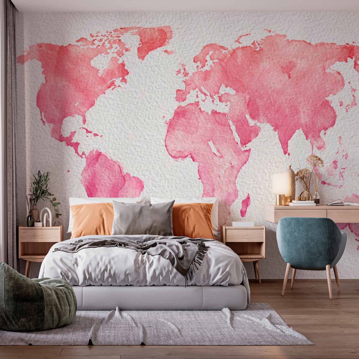 Pink Watercolor World Map Wall Mural Wallpaper with Textured Background